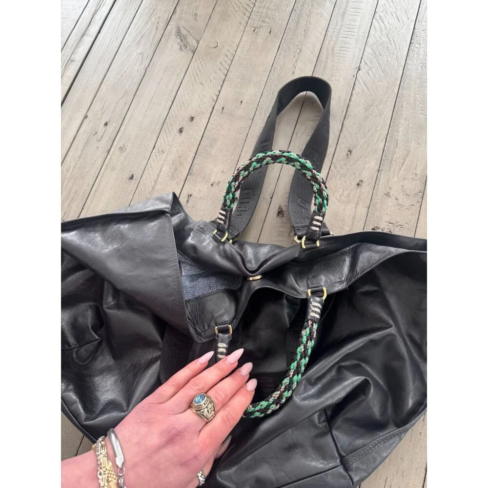 Black Leather Tote Bag with Braided Green Handle Clare V - Picture 7 of 9